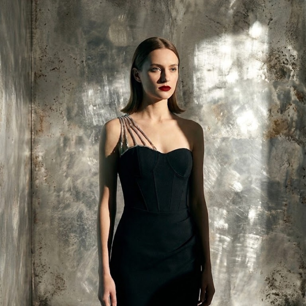 Fashion Nova Black One-Shoulder Dress with Beaded Strap Detail